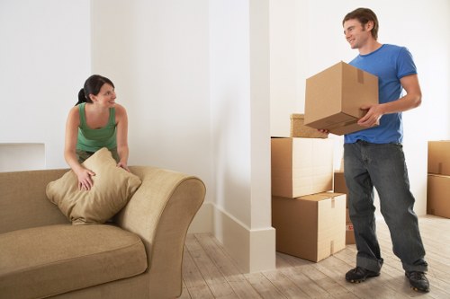 Local moving team handling boxes and furniture
